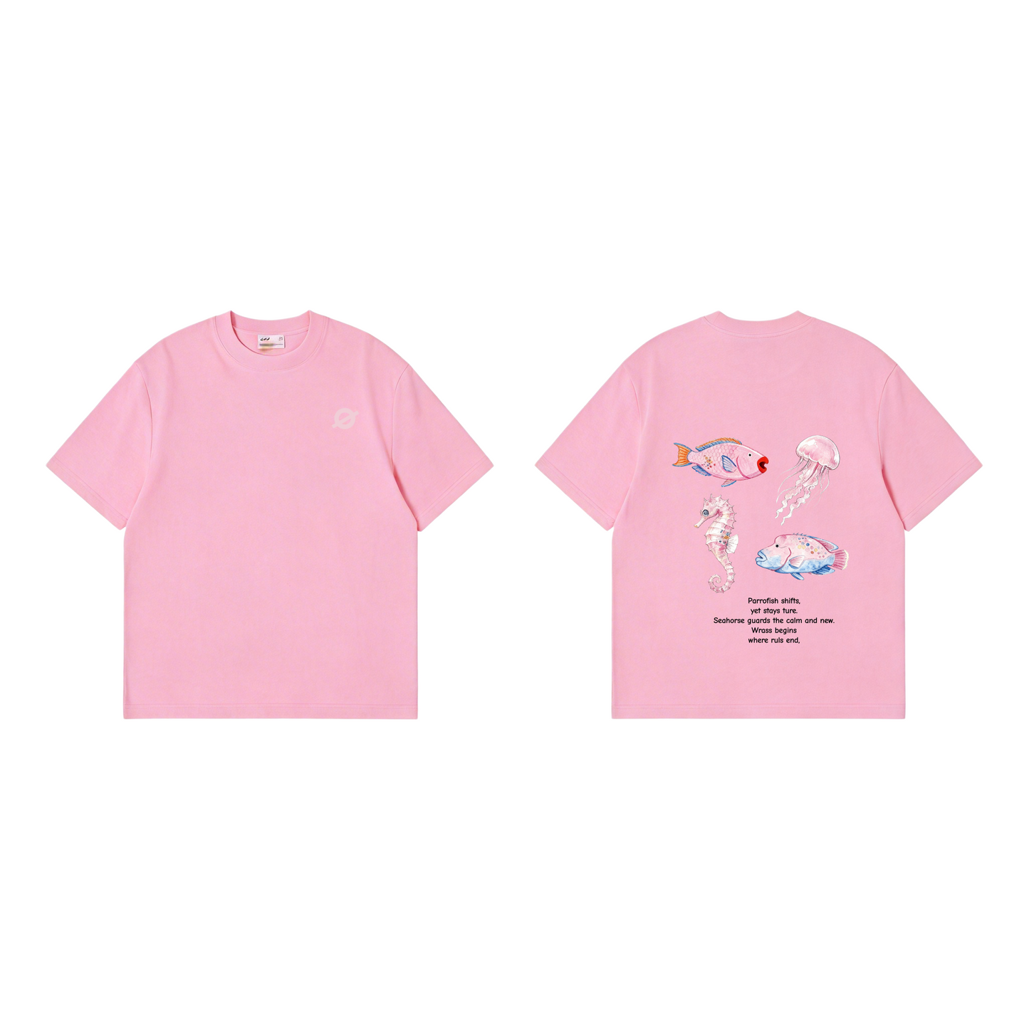 ØGENDER pink oversized tee featuring the Original IP Ocean Animals collection graphic, premium cotton unisex t-shirt.