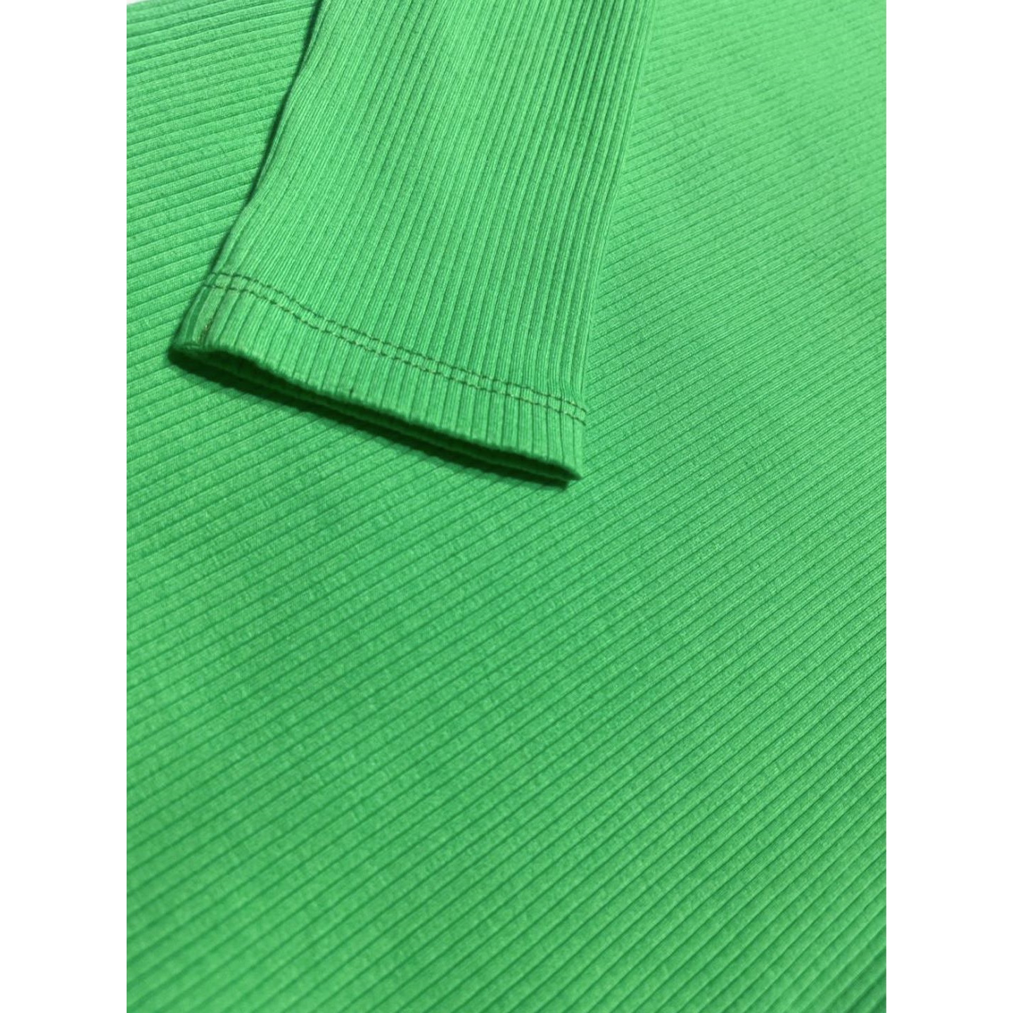 Detailed texture of 93% cotton 7% elastane green ribbed fabric, high-stretch and durable.