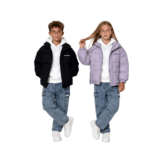 Full view of a boy and girl wearing the ninø stand-collar puffer jackets in black and taro purple, showcasing the modern urban fit.