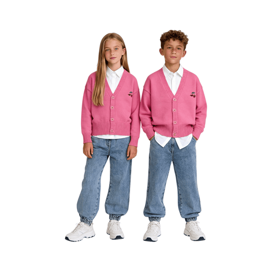 A girl and a boy wearing the pink cherry-embroidered cardigan, showcasing the versatile preppy style and comfortable fit.