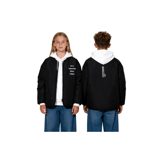 Kids wearing the black padded jacket, showcasing the modern oversized fit and functional collarless design.