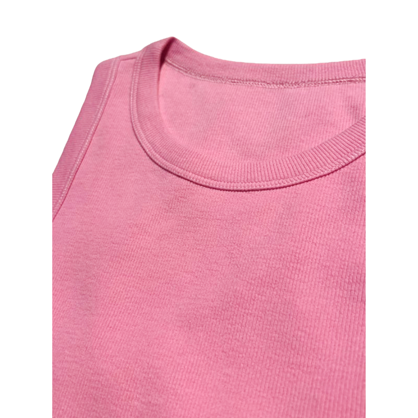 Detailed view of the ribbed round neckline and high-quality stitching on the pink tank top.