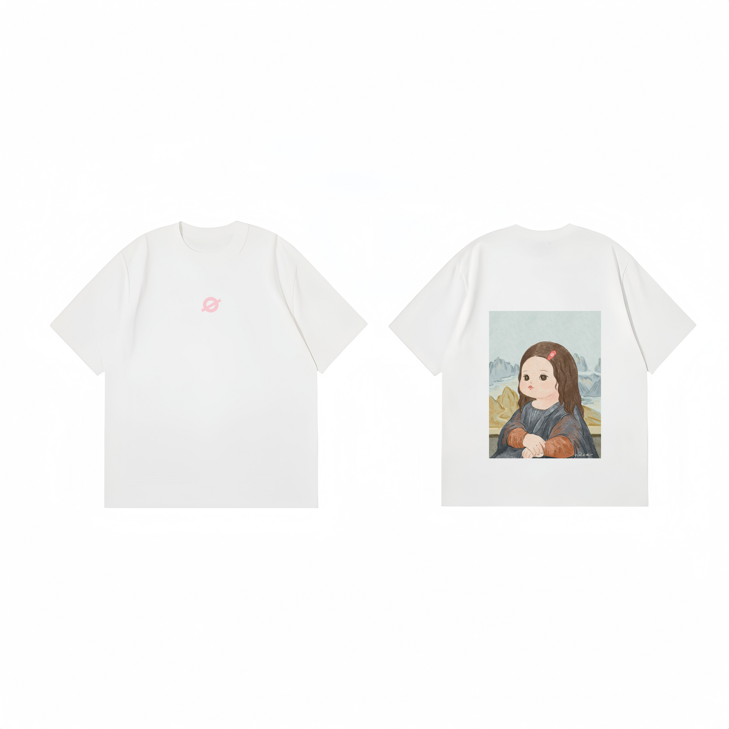 ØGENDER white oversized graphic tee with a cute minimalist Mona Lisa portrait, 100% cotton art series.