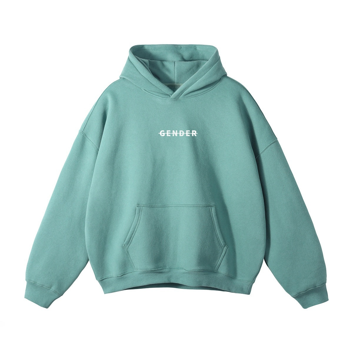 ØGENDER medium green oversized unisex hoodie with "Gender" print, high-quality fleece-lined basic for a relaxed look.