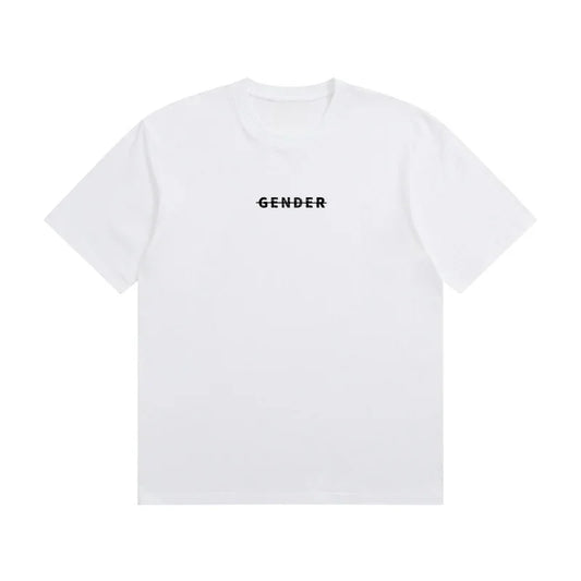 Front view of Ogender white heavyweight cotton Dadfit tee with minimalist strike-through logo and blank back.