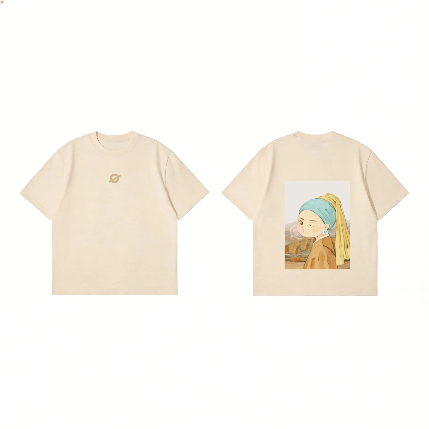 Front and back view of Ogender 240 GSM tee featuring the 'Scarf Girl' reimagined art printportrait graphic