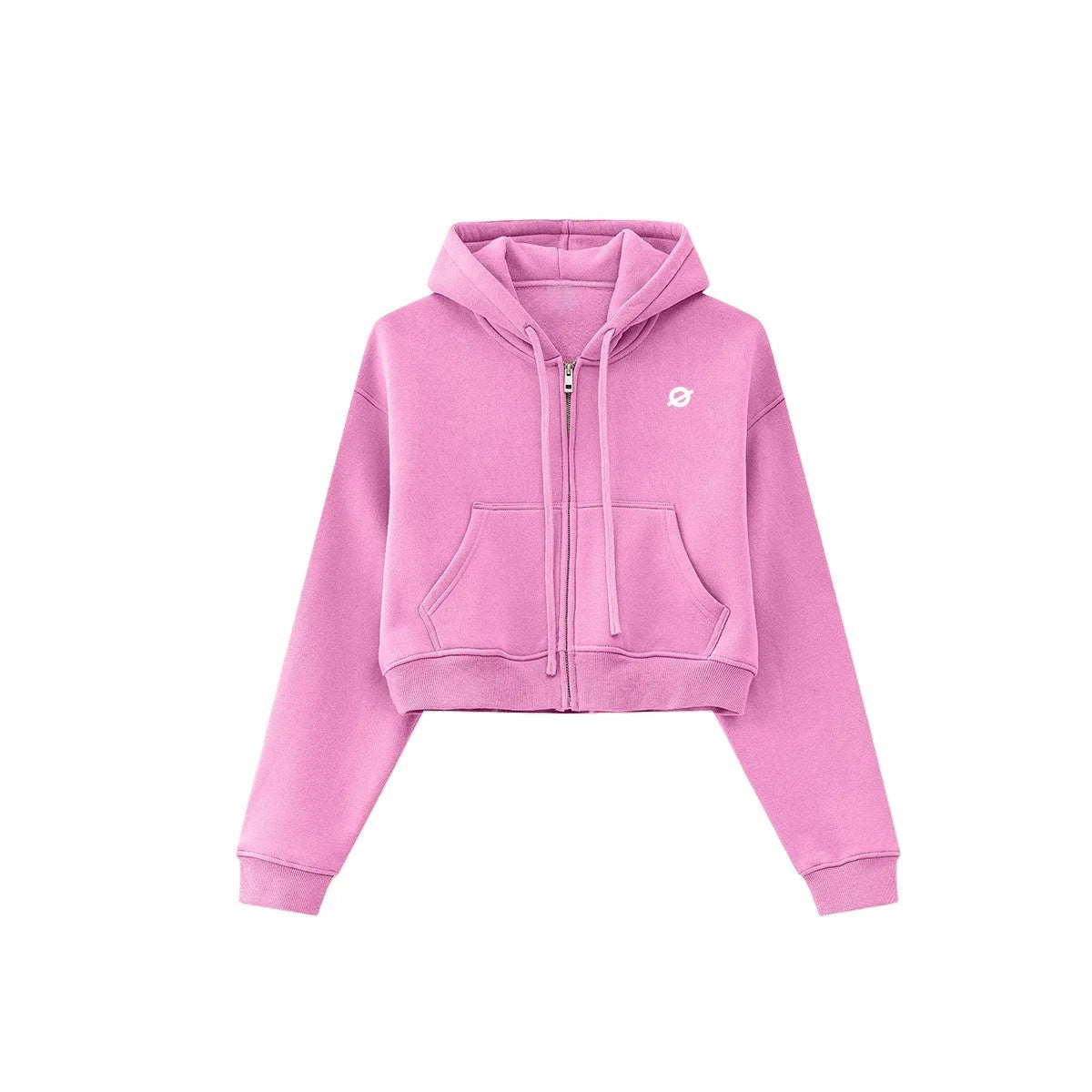 Front flat lay of Ogender rose pink women's cropped zip-up hoodie, highlighting the stylish high-waist cut.