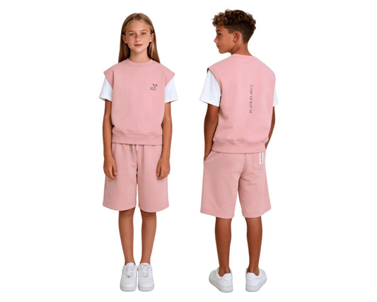Boy and girl models wearing Pink 100% cotton sweat shorts and matching vest