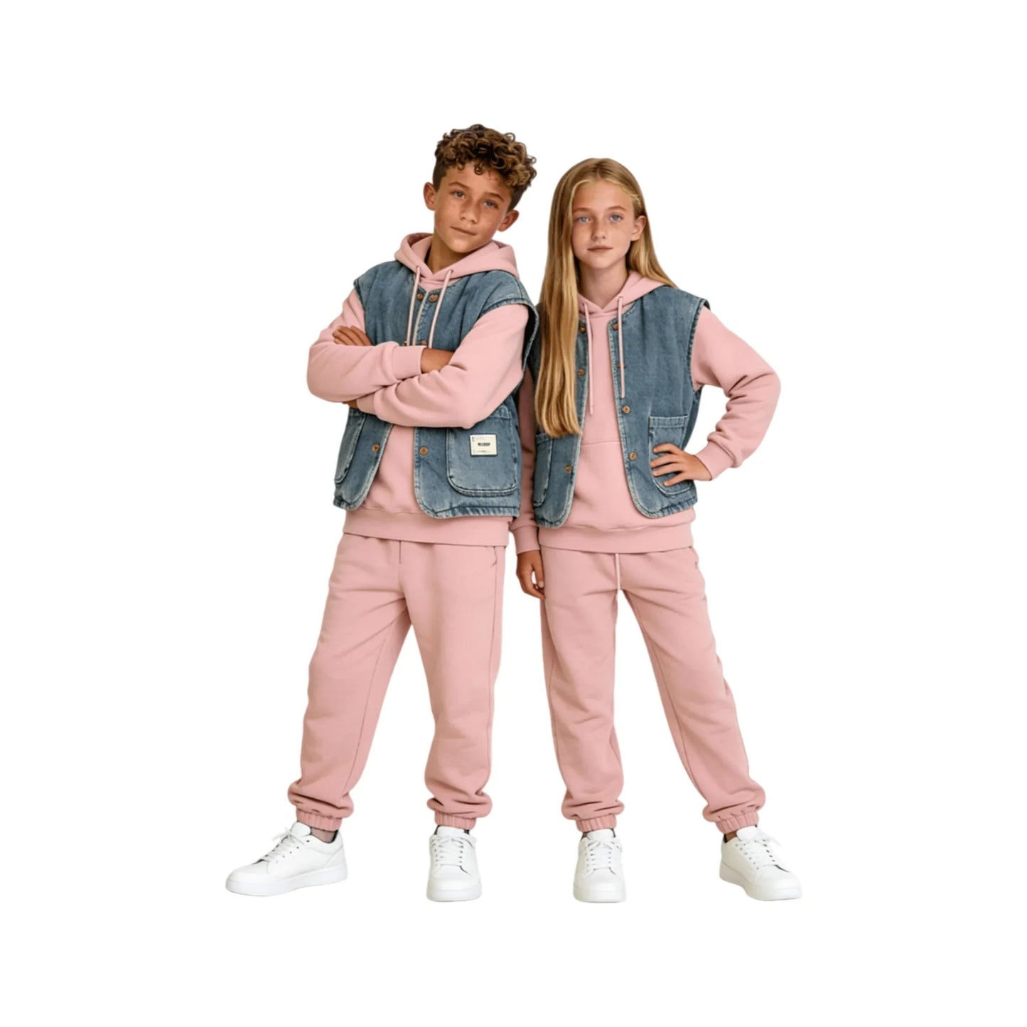 A boy and a girl styling the denim padded vests over pink tracksuits for a coordinated look.