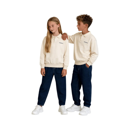 Boy and girl models wearing Ogender vintage indigo jeans and casual hoodies.