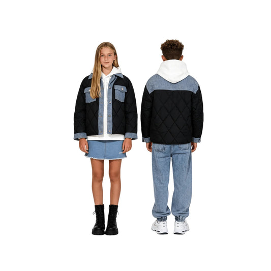 A teen boy and girl modeling the oversized denim patchwork down jacket to show the unisex fit.