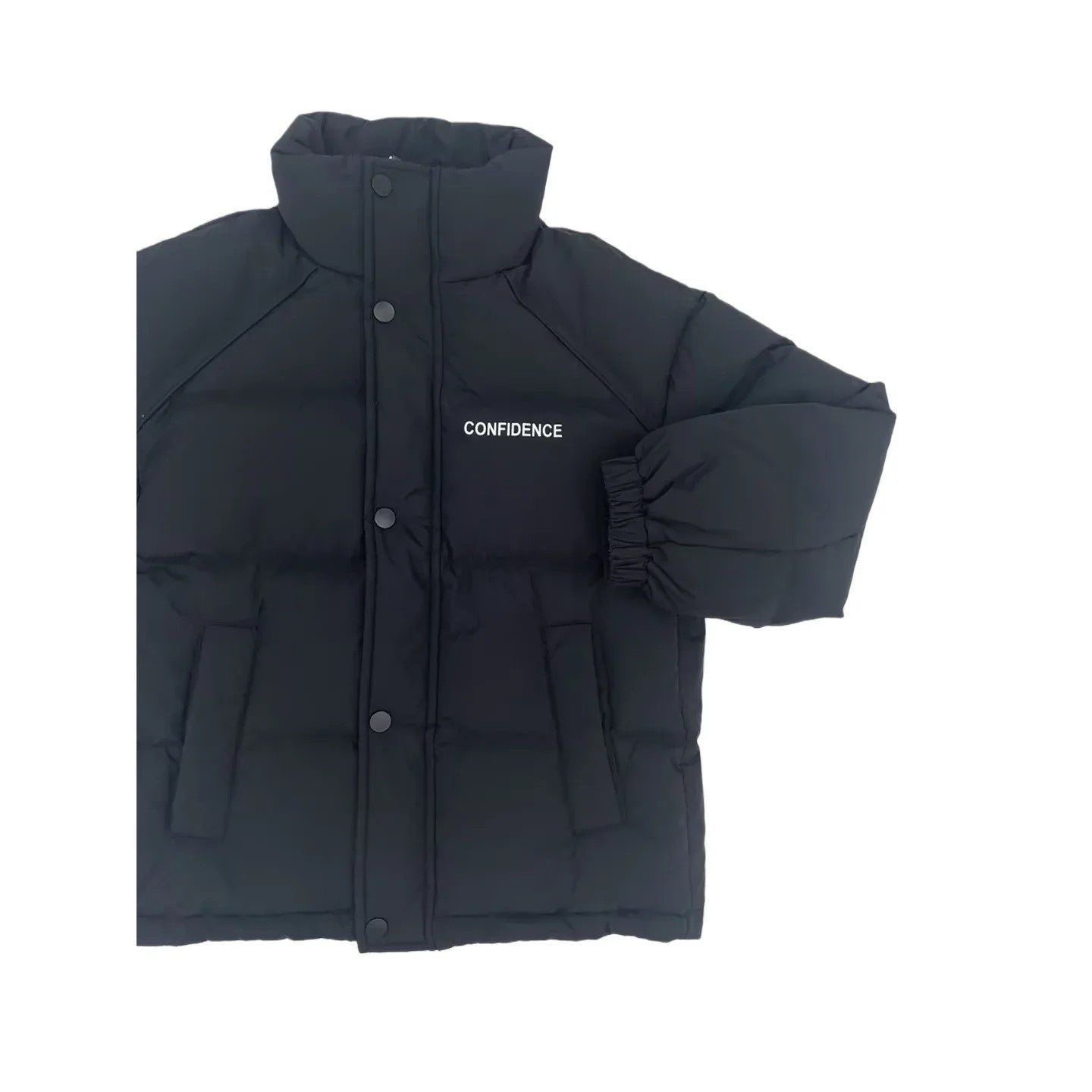 Close-up of the white "CONFIDENCE" embroidery and snap-button placket on the black unisex puffer jacket.