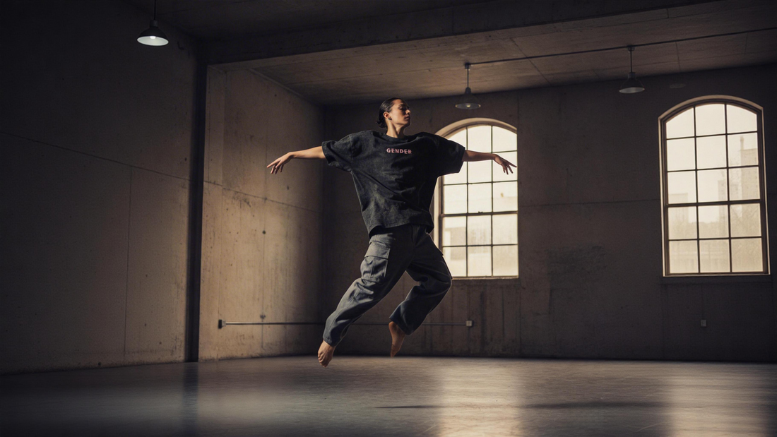 A modern dancer in a concrete studio wearing an OGender 230g heavyweight oversize tee, capturing the structured drape and dynamic movement.