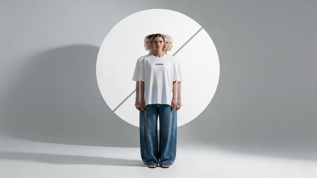 A symbolic visual of ageless identity by OGENDER: Motion-blurred layering of multiple ages intersecting with a large O scanning ring, representing the death of appropriate dress codes