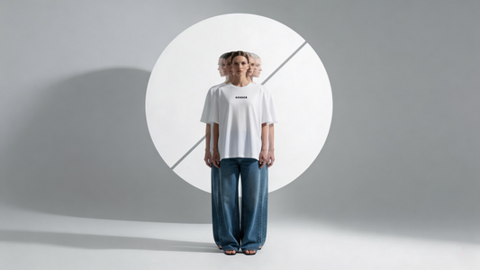 A symbolic visual of ageless identity by OGENDER: Motion-blurred layering of multiple ages intersecting with a large O scanning ring, representing the death of appropriate dress codes