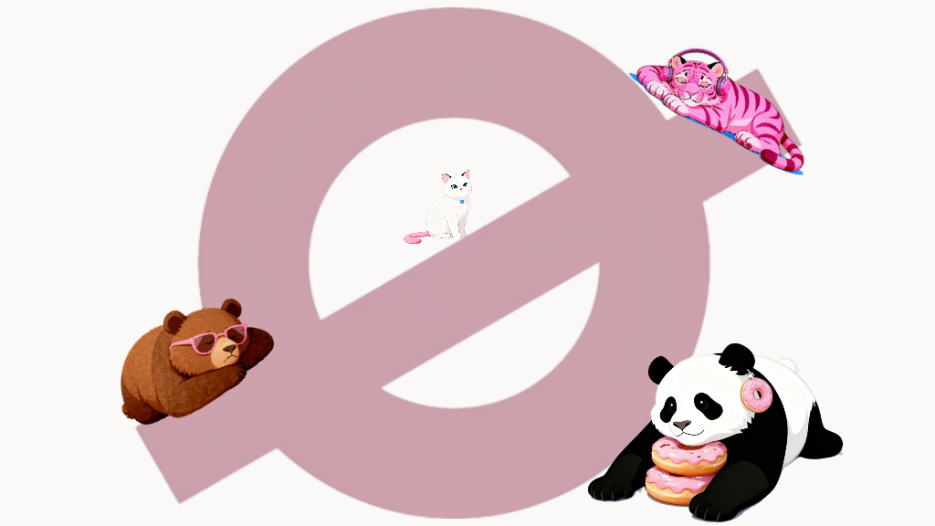 Ogender Ø Crew characters for ninø collection: Gender-neutral kids fashion mascots including a tiger, cat, bear, and panda in a minimalist aesthetic.