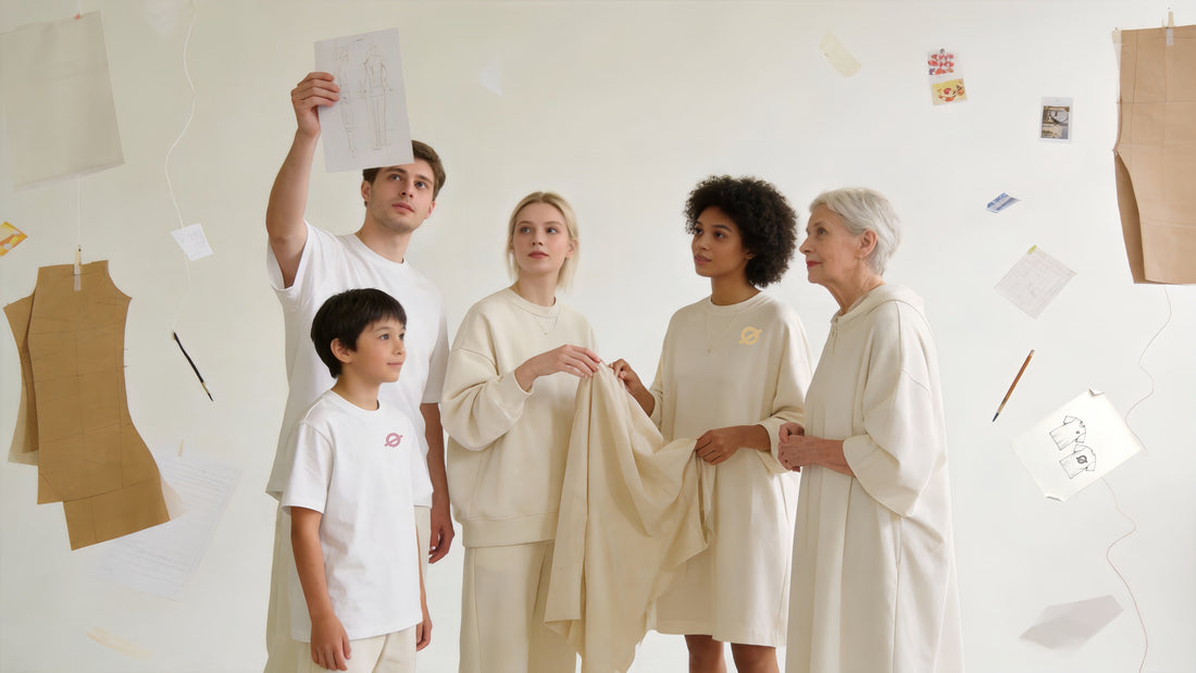 A group of people across different generations—including a child, young adults, and an elderly woman—collaborating in a design studio with fabric and sketches to create ØGENDER's authentic, unlabelled apparel.