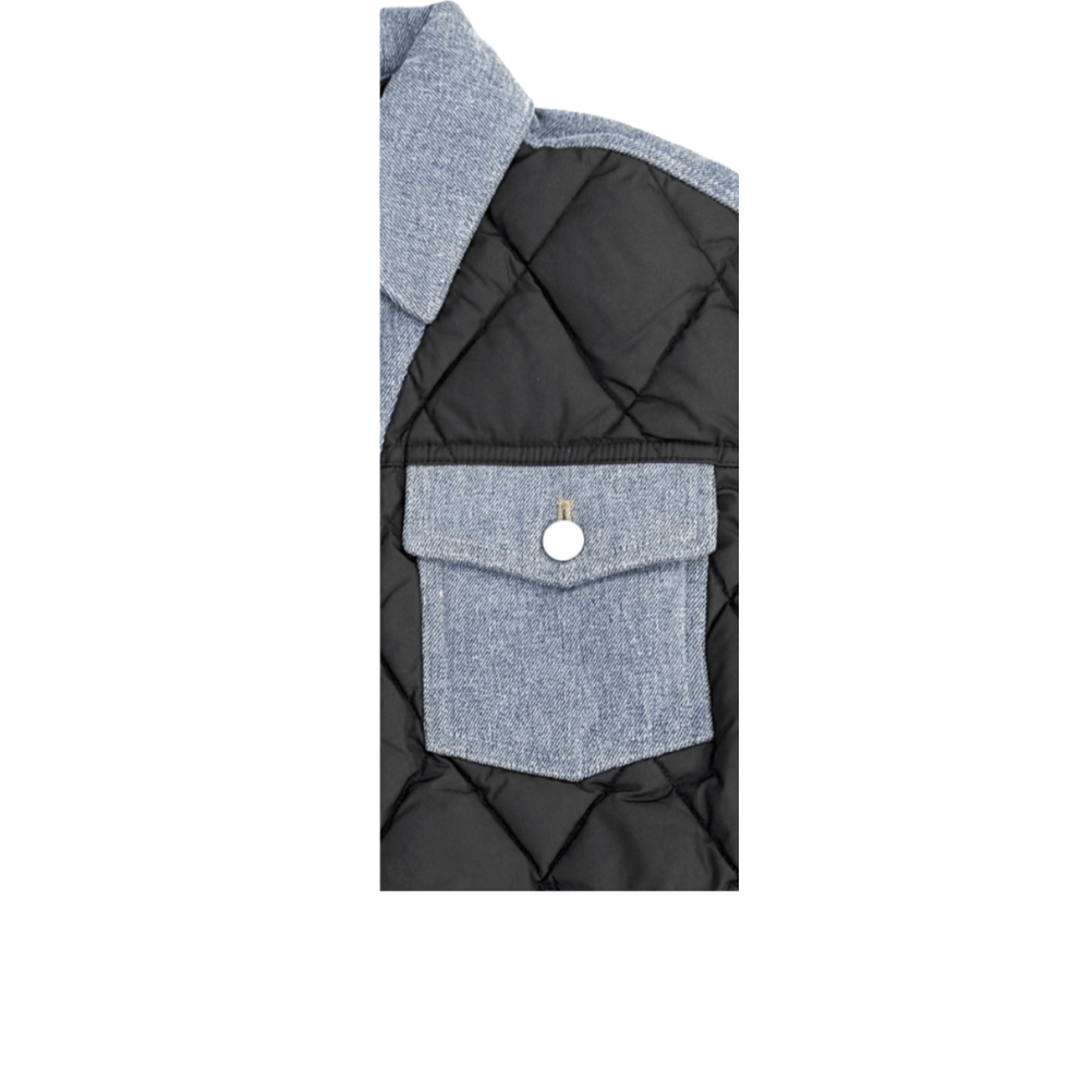 Detail of Ogender denim patchwork collar and functional chest pockets on unisex puffer jacket, premium denim accents.