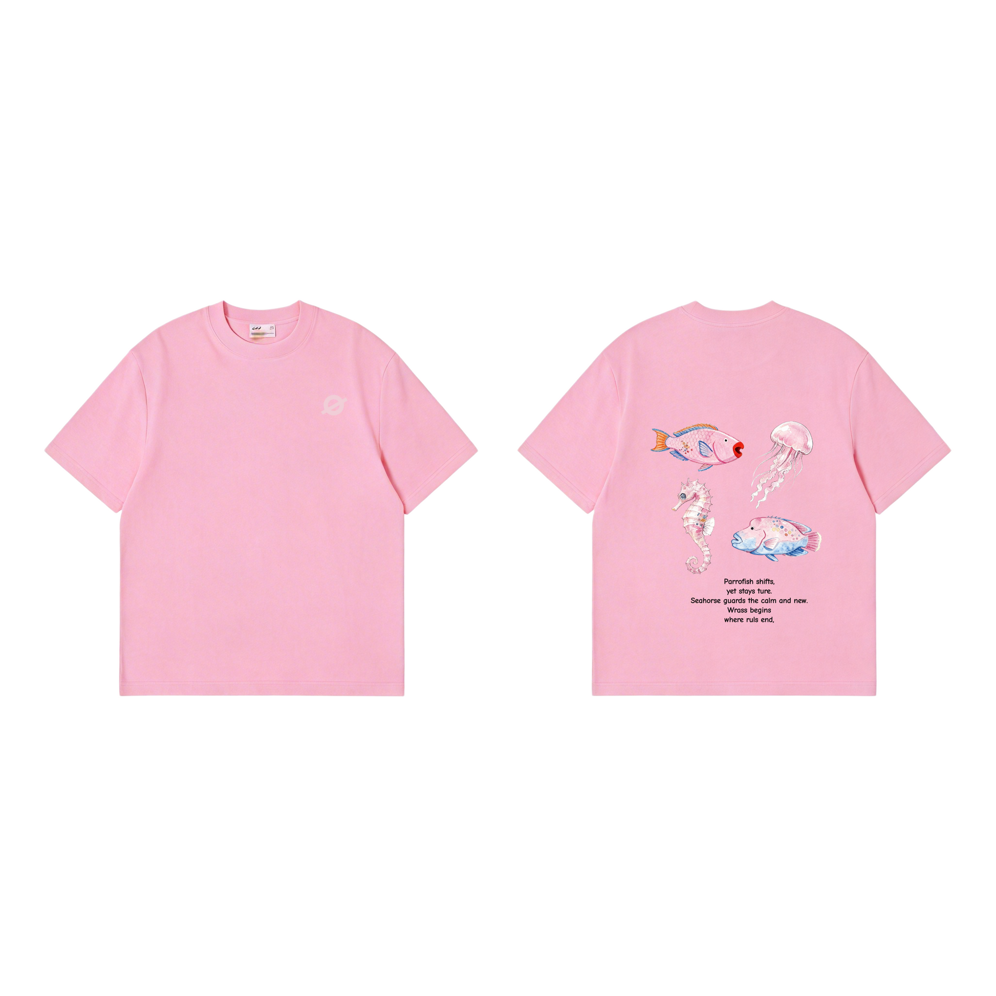 ØGENDER pink oversized tee featuring the Original IP Ocean Animals collection graphic, premium cotton unisex t-shirt.