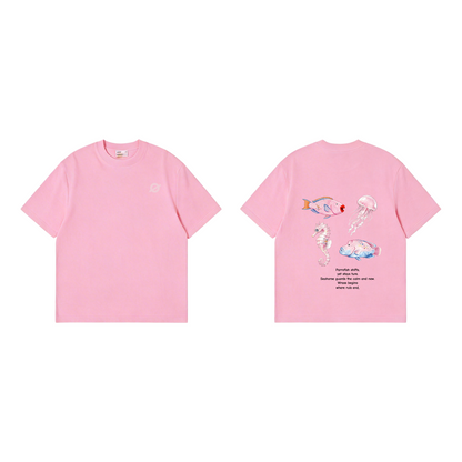 ØGENDER pink oversized tee featuring the Original IP Ocean Animals collection graphic, premium cotton unisex t-shirt.