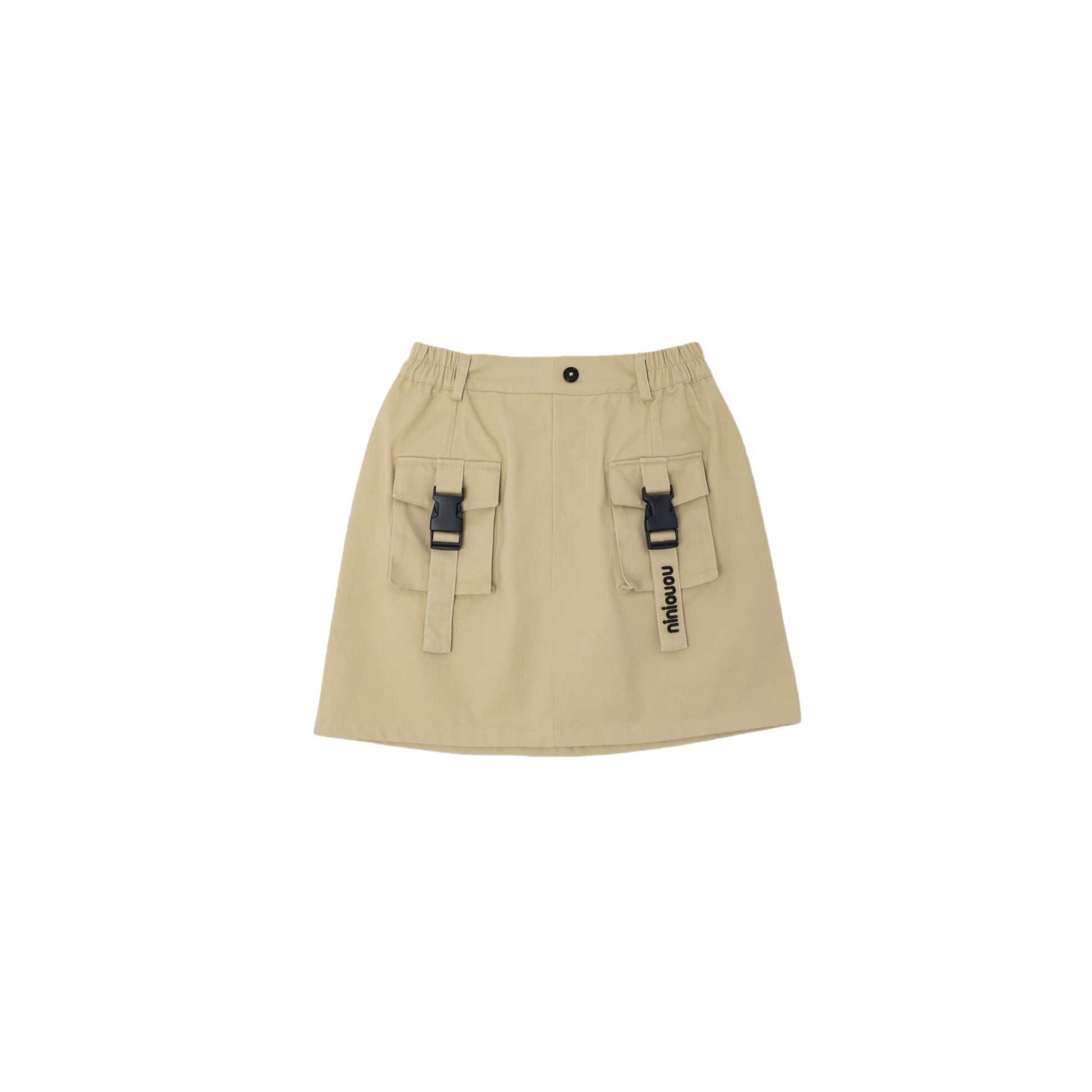 Front view of the khaki utility cotton cargo skirt for kids featuring large front pockets with buckle straps.