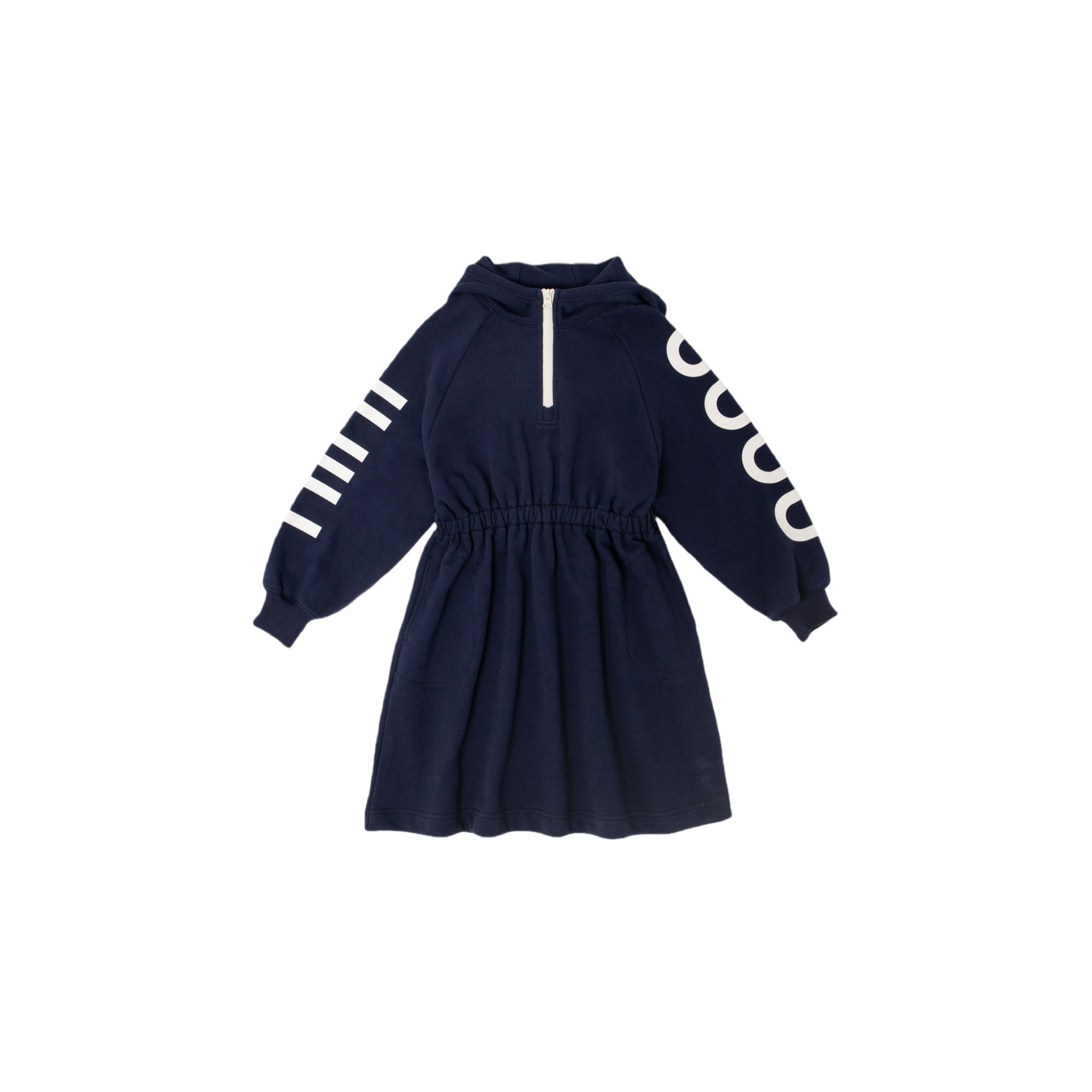 Front view of the navy blue hooded half-zip sweatshirt dress featuring white logo graphics on the sleeves.
