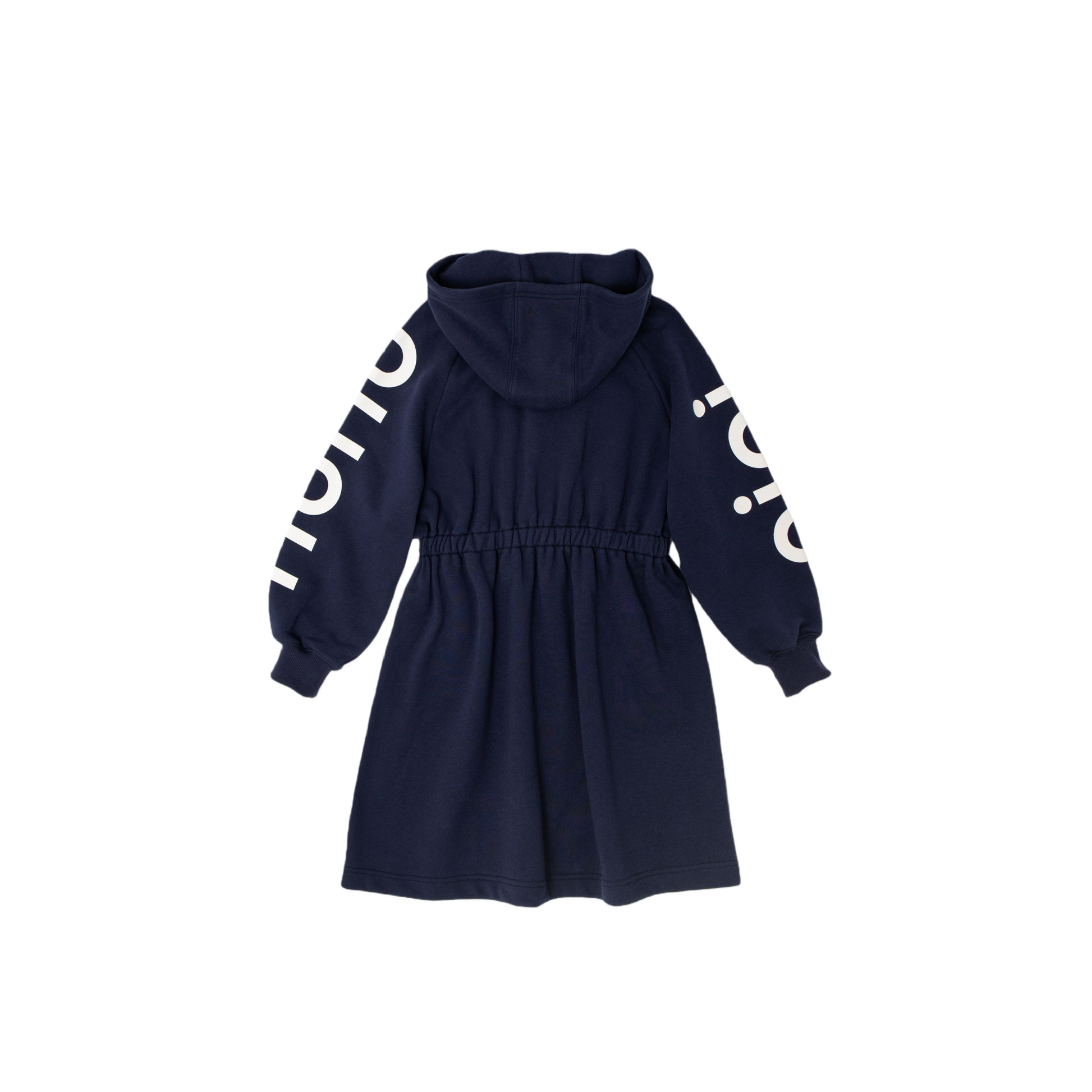 Back view of the hooded dress highlighting the large white "nini" branding and the structural hood design.