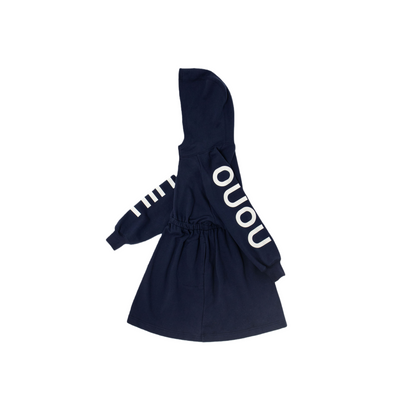 Left side view of the navy sweatshirt dress, highlighting the large white "ouou" typography on the sleeve and the comfortable elasticated waist silhouette.