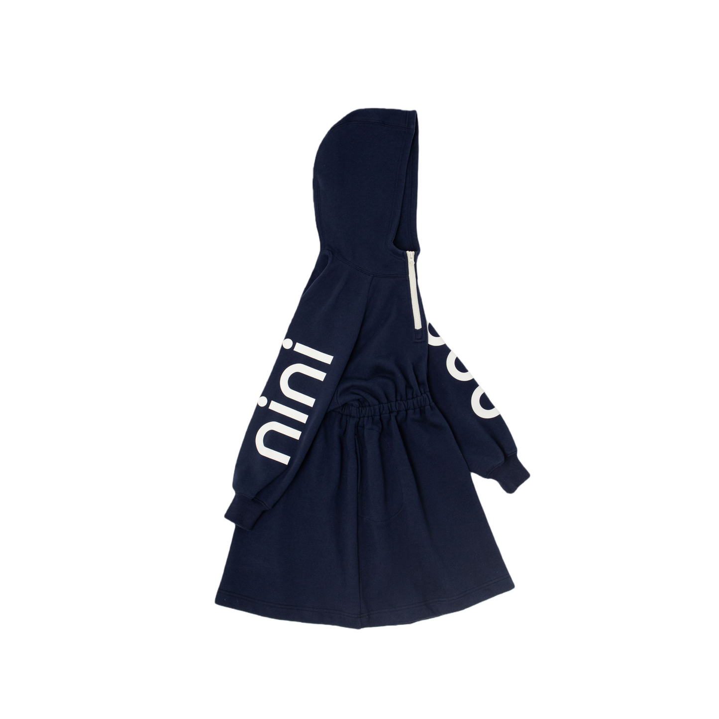 Right side view of the navy hooded sweatshirt dress, showcasing the bold white "nini" graphic print along the sleeve and the structured half-zip hood profile.