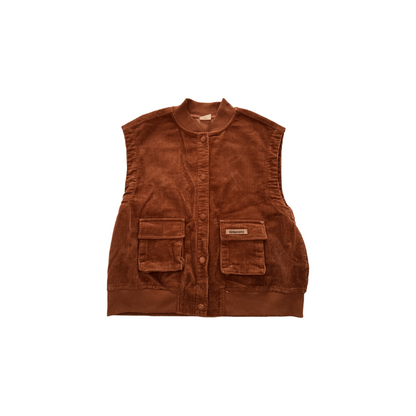 Front view of the gender-neutral caramel corduroy utility vest featuring large functional pockets.