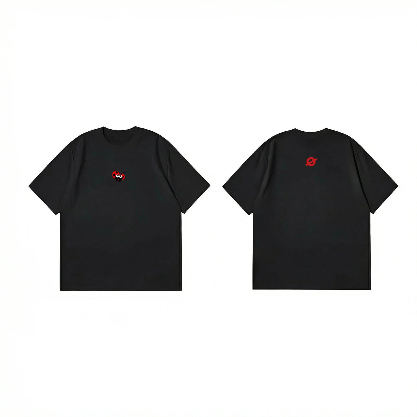 ØGENDER premium black cotton tee with red ladybug embroidery/graphic, oversized fit for men and women.