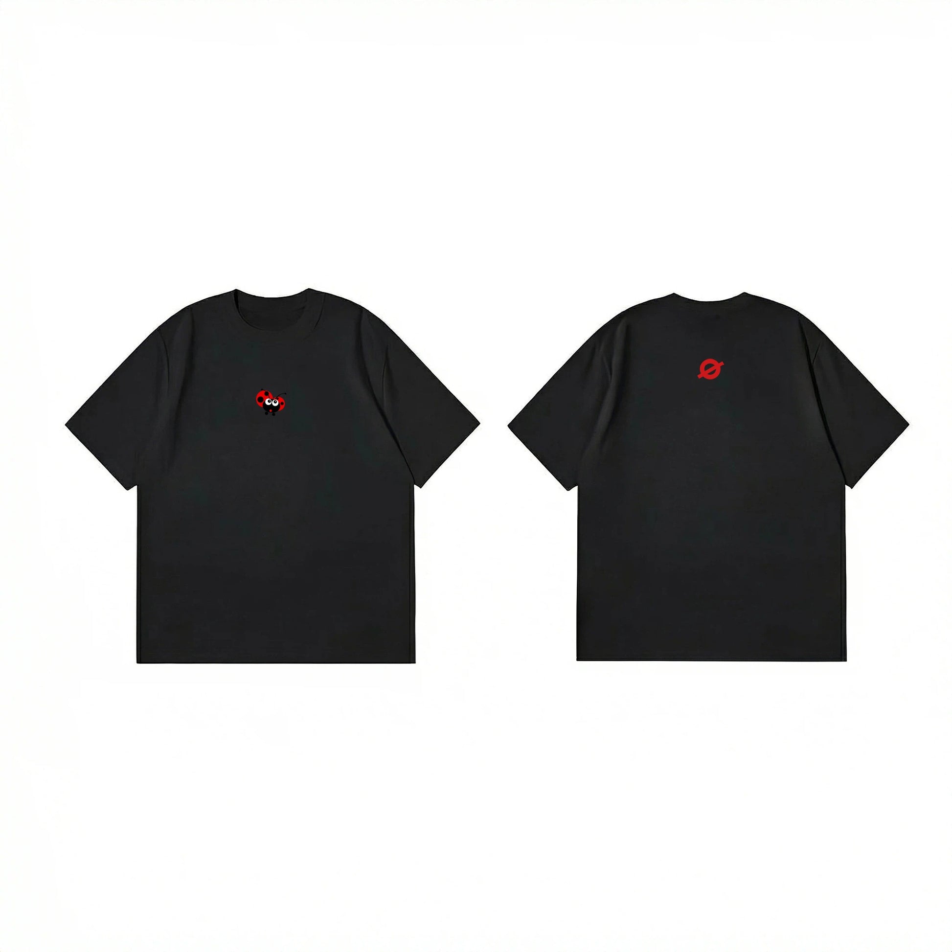 ØGENDER premium black cotton tee with red ladybug embroidery/graphic, oversized fit for men and women.