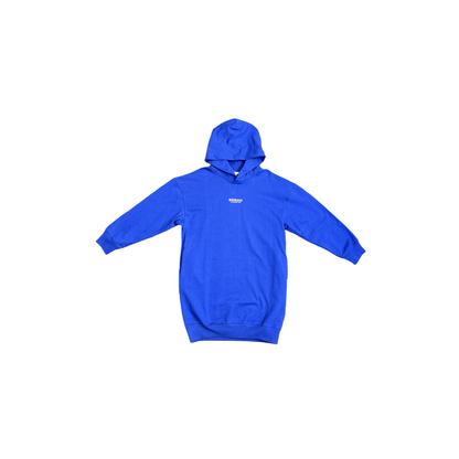 Front view of the girls' Klein blue hooded sweatshirt dress featuring an abstract graphic print.