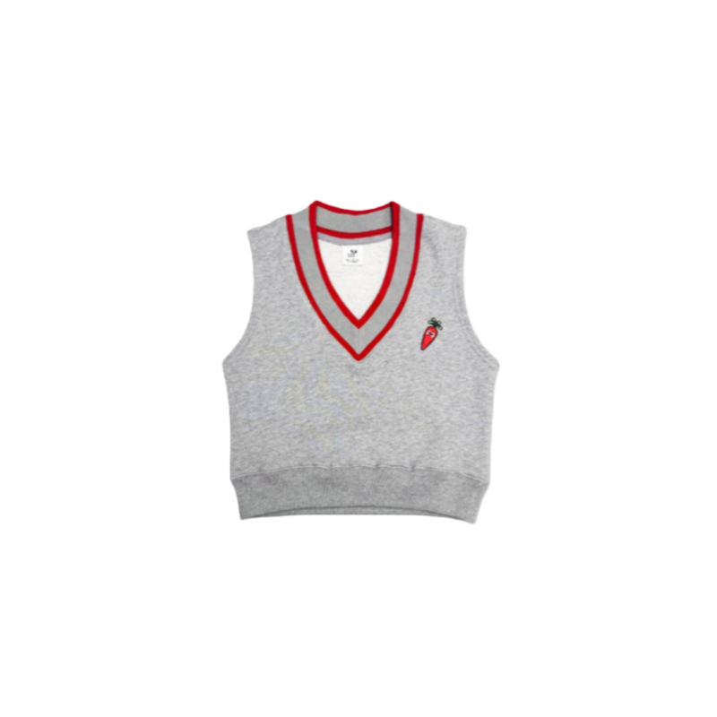 Front view of the grey unisex kids V-neck sweat vest featuring red contrast ribbing and a small carrot embroidery.