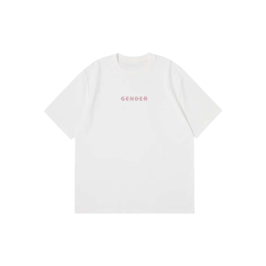 Front view flat lay of Ogender white essential oversized t-shirt, 100% cotton with the signature pink 'Gender' chest print.