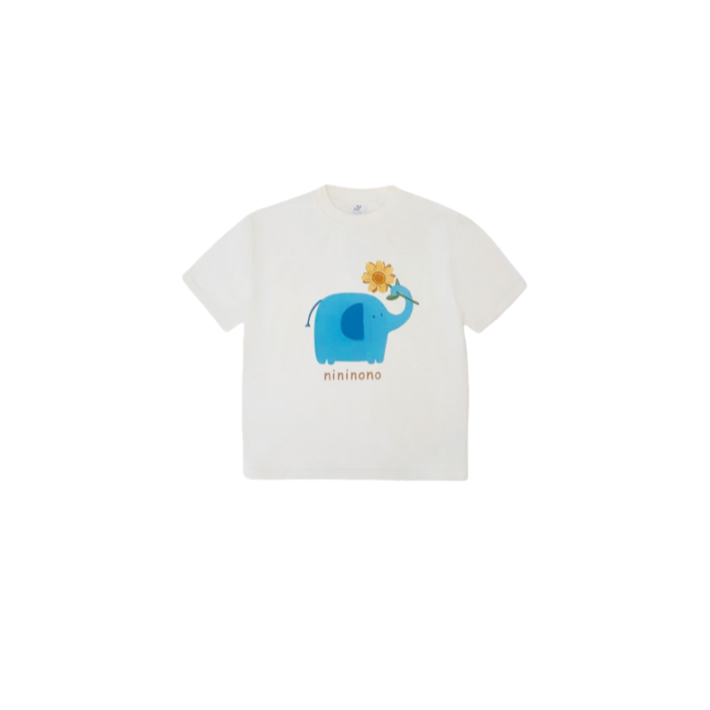 Front view of the white oversized cotton tee featuring a playful blue elephant and sunflower graphic.