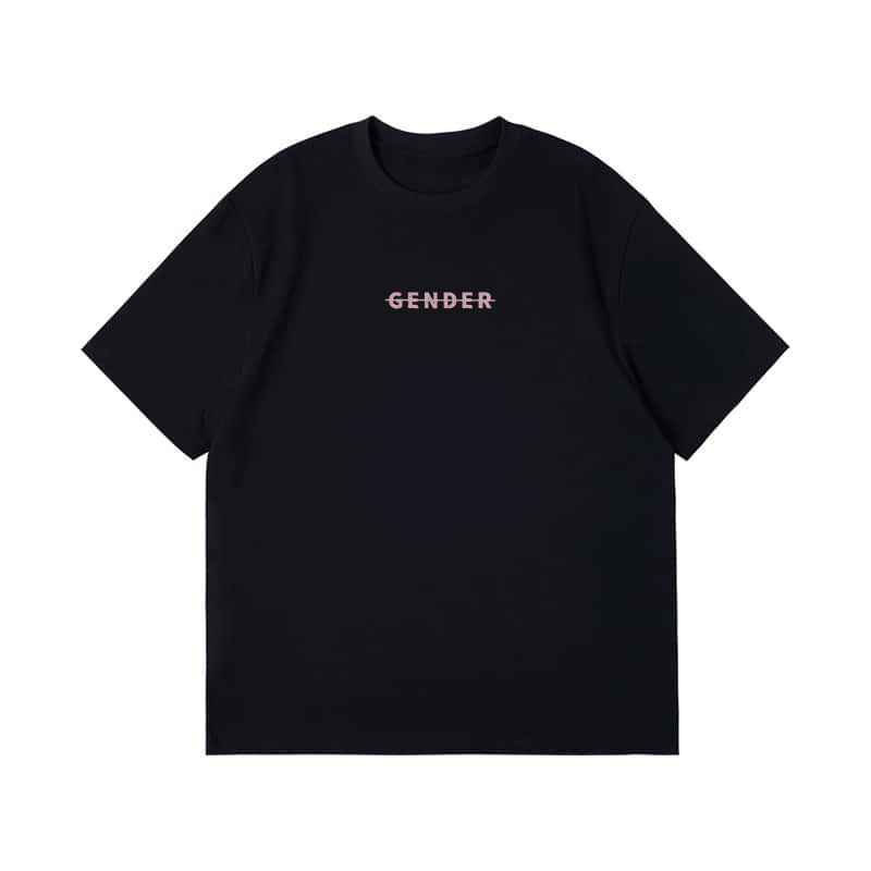 Front view flat lay of Ogender black oversized t-shirt in 100% cotton featuring the minimalist pink 'Gender' strike-through logo.
