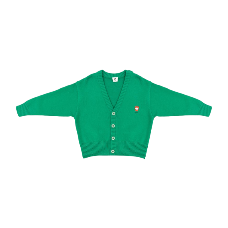 Front flat lay of the ogender  kids' vibrant green knit cardigan, featuring a V-neckline and red pepper embroidery.