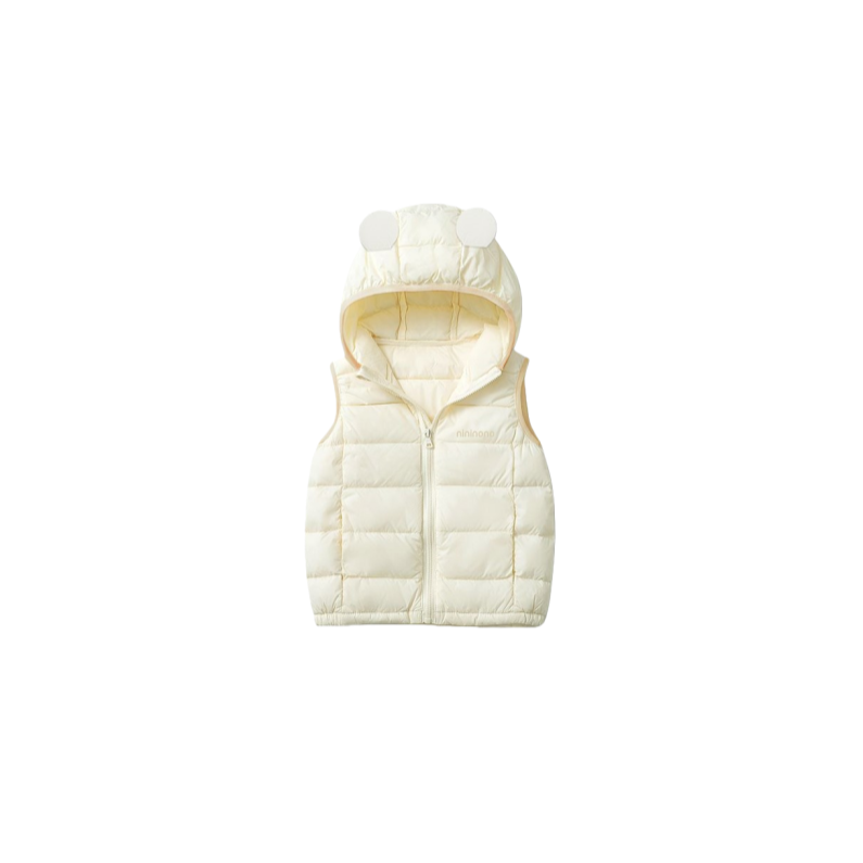 Front view of the cream hooded quilted vest for kids featuring playful rounded ears on the hood.