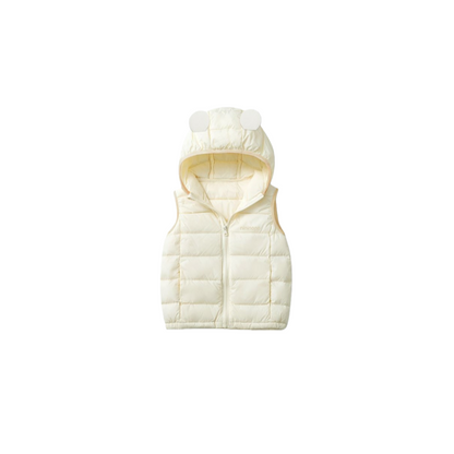 Front view of the cream hooded quilted vest for kids featuring playful rounded ears on the hood.