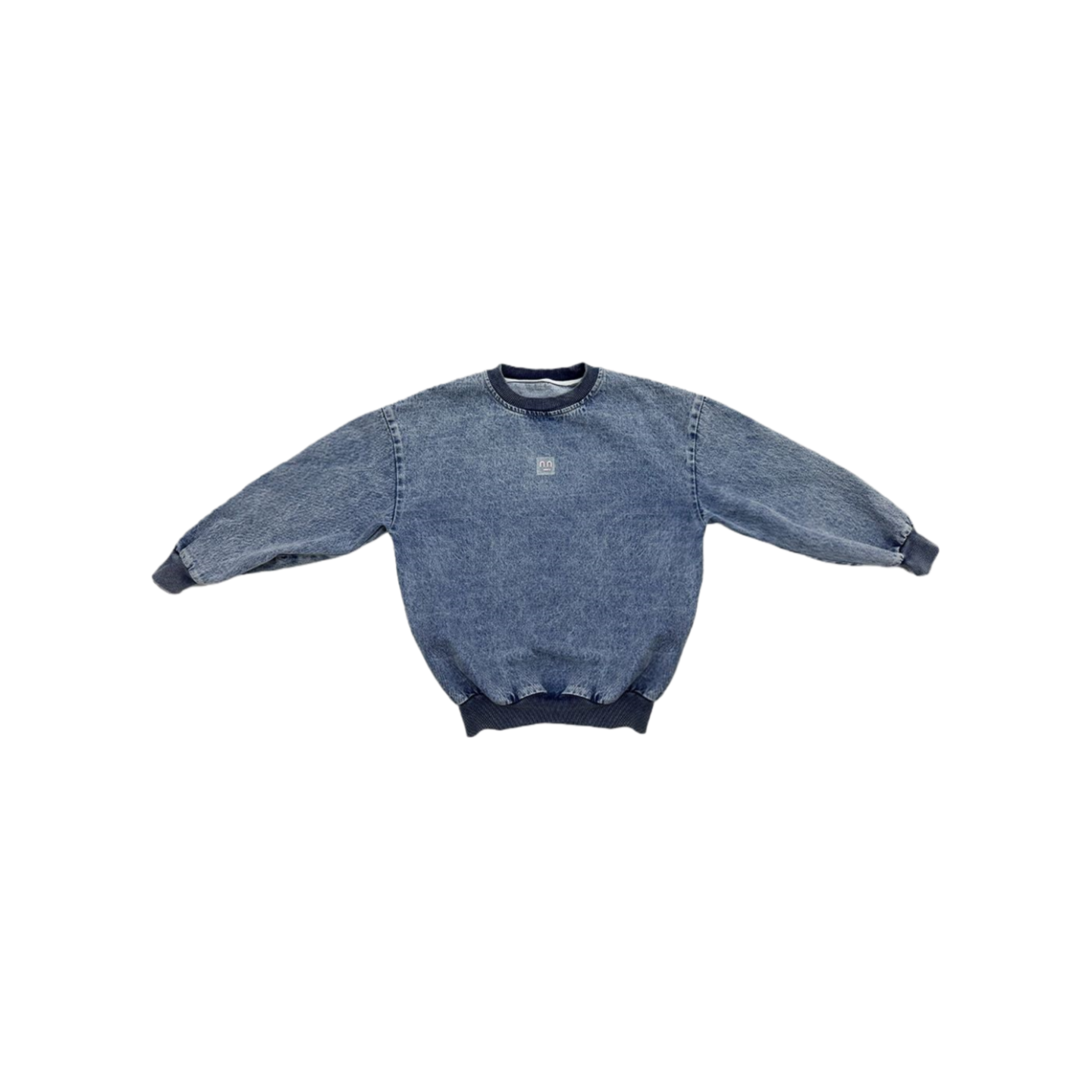 Ogender unisex oversized washed denim sweatshirt with stitched silicone smiley patch, 100% cotton, sizes 110-170.