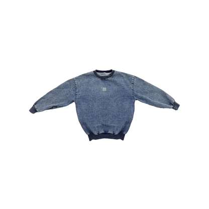 Ogender unisex oversized washed denim sweatshirt with stitched silicone smiley patch, 100% cotton, sizes 110-170.