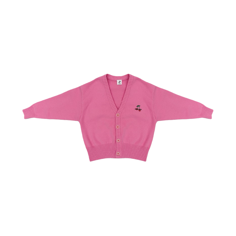 Front view of the ninø kids' soft pink knit cardigan, featuring a V-neckline and a small cherry embroidery on the chest.