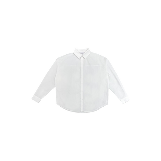 Front view of the unisex oversized white shirt featuring a crisp 3D tailored design and classic button-down front.