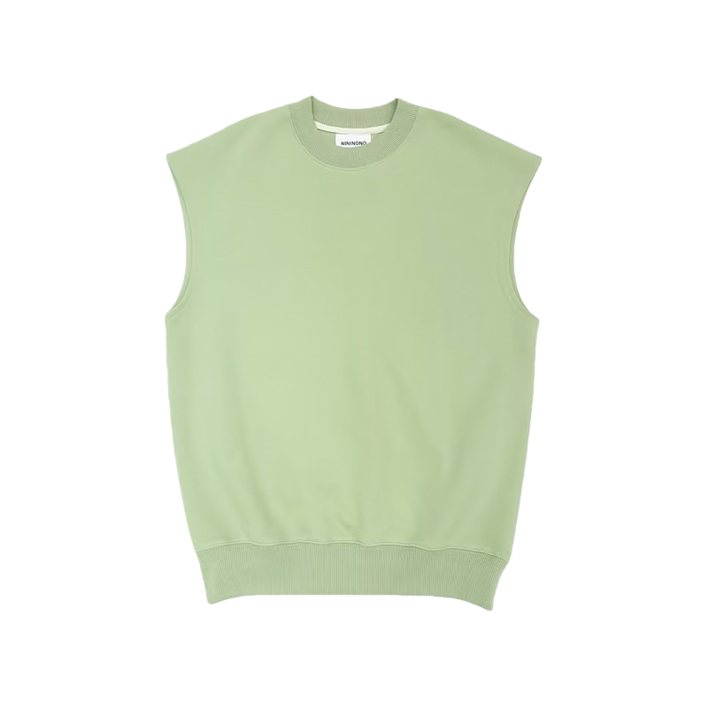 Front view of the oversized sleeveless sweatshirt in sage green, featuring a ribbed crewneck and high-density 320g/m2 fabric.