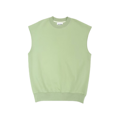 Front view of the oversized sleeveless sweatshirt in sage green, featuring a ribbed crewneck and high-density 320g/m2 fabric.