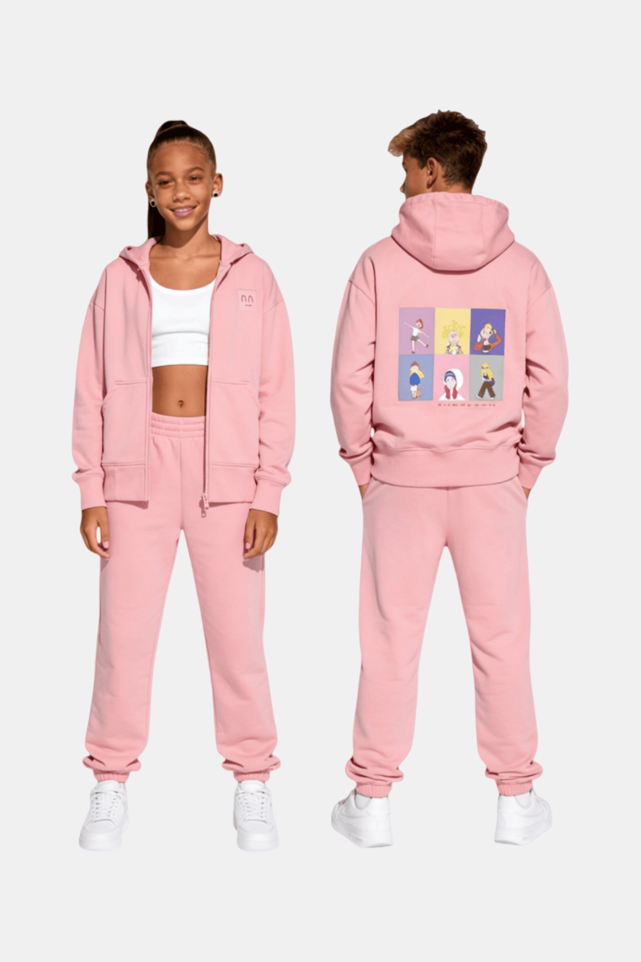 OGENDER Teens Collection: Pink unisex oversized zip-up hoodie with artistic graphic on the back, fashionable street style for teenagers.
