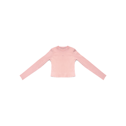 Ogender pink slim fit cropped long sleeve tee with embroidered smiley face logo.