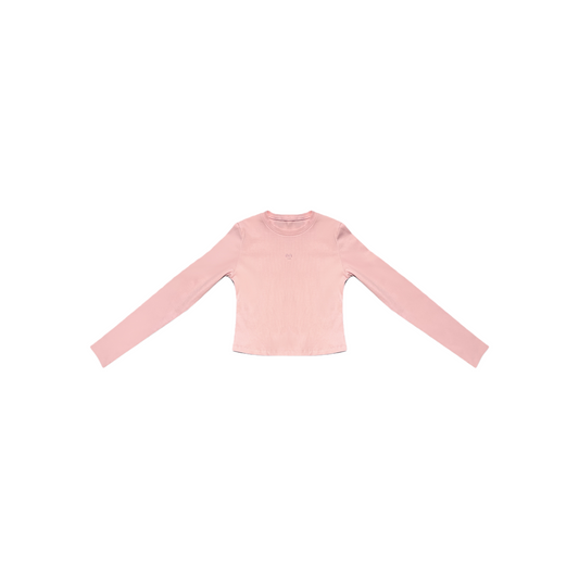 Ogender pink slim fit cropped long sleeve tee with embroidered smiley face logo.
