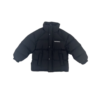 Front flat lay of the ninø black stand-collar puffer jacket, featuring a durable matte finish, snap-button closure, and side-entry pockets.